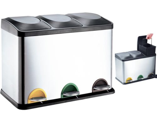 Cubo de reciclaje, 60 L, 3 compartimientos, hecho de acero inoxidable, con pedal Cover