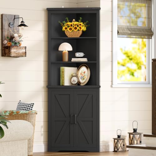 Image of TEENFON Farmhouse Corner Cabinet, 70.3 inch H Tall Corner Hutch with 5 Shelves & 2 Barn Doors, Bathroom Cabinet with Adjustable Shelf, for Living Room, Kitchen, Bathroom, Black