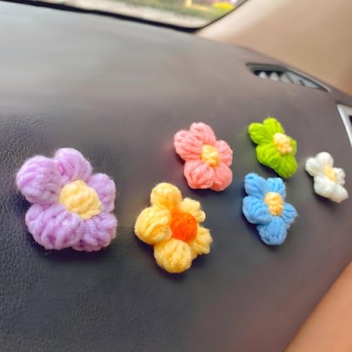 lekiliky 6PCS Crochet Flowers Dashboard Decorations, Plush Handmade Knit Flowers, Cute Charming Vehicle Interior Trim Accessories, Universal for Most Vehicles (Multi-color)