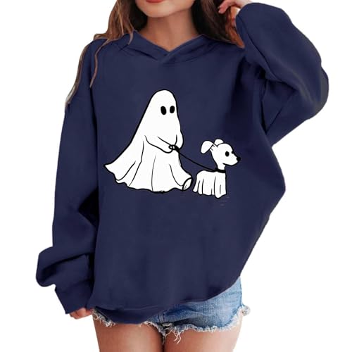 Halloween Hoodies for Girl Cute Ghost Dog Graphic Pullover Shirt Oversized Hooded Spooky Season Sweatshirt2