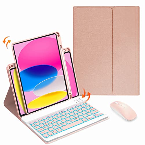 IPad第10世代(10.9インチ、2022年)用キーボード、 7色バックライト, 720 回転中 、マグネットで着脱可能な鉛筆ホルダー付きBluetoothキーボード,ピンク