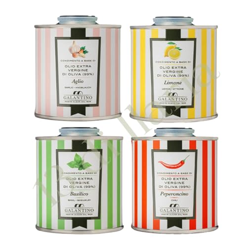 4 Latas de Aceite de Oliva Virgen Extra Natural 100ml | 99% EVOO de Apulia | Ajo, Limón, Albahaca y Chile | Condimento Gourmet Italiano Artesanal | 100% Natural | 13 di Ilaria