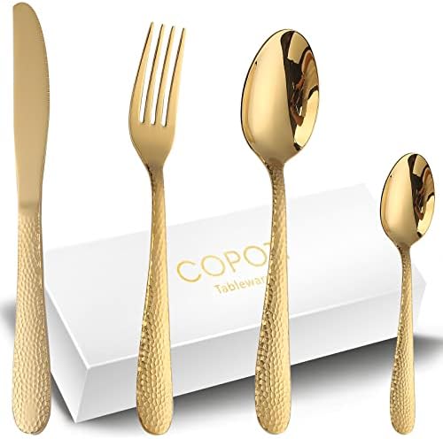 Cutlery Set Gold for 6 People,COPOTI 24 Piece Stainless Steel Modern Stone Pattern Knife Fork Spoon Dinner Set,Dishwasher Safe Flatware.