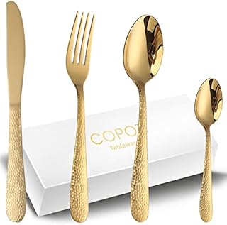 Cutlery Set Gold for 6 People,COPOTI 24 Piece Stainless Steel Modern Stone Pattern Knife Fork Spoon Dinner Set,Dishwasher Safe Flatware.