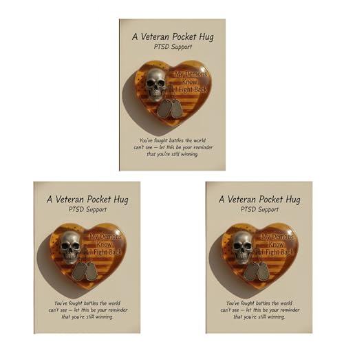 PTSD Support Heart Keepsake, Engraved Demons Know I Fight Back Keepsake, Resin Memorial Heart Ornaments, Pocket Token of Courage and Resilience, Emotional Support Gift for Veteran (3Pcs)