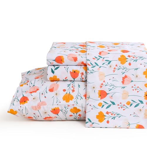 JSD Tulip Floral Sheet Set Queen Size, 4 Piece Spring Printed Microfiber Bed Sheets Deep Pocket