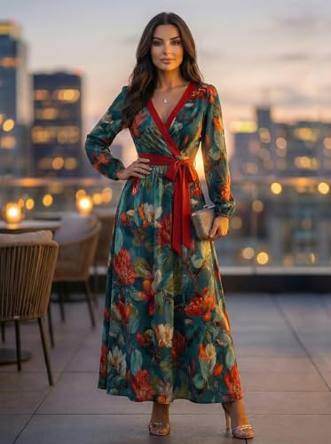 Image of SUZONANA Plus Size Dresses for Women Floral Print Maxi Dress Flowy 3 /4 Sleeve with Belt