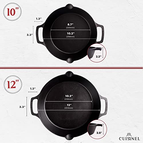 Image of Cast Iron Skillet Set - 10 inch + 12 inch-Inch Dual Handle Frying Pans + Silicone Handle Holder Covers + Pan Scraper - Pre-Seasoned Oven, Grill, Stovetop, Induction Safe Kitchen Cookware - Indoor /Outdoor Use