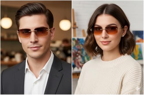 Image of FAVELA Premium Rimless Rectangular Sunglasses for Men & Women | Gold Tinted Luxury Eyewear | Lightweight Metal Frame | UV400 Protected Stylish Goggles | Medium Size