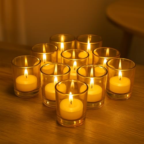Image of Pure Source India Set of 12 Votive Glass Candle Holders with Tealight Candles | Decorative Diwali Lights for Home, Pooja & Festive Decor (Yellow)
