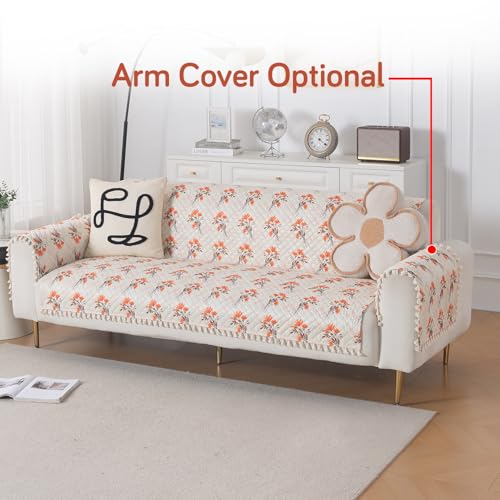 Image of HOKIPO Autumn Blossom Quilted Sofa Cover 5 Seater Set - Washable 3+1+1 Sofa Cover for Seat & Back with Tassel Design | 'Tassel Twigs' Series (IN-991-T5 + IN-989-T5)