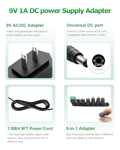 Arkare-9V-1A-DC-Power-Supply-Adapter-9V-Power-Cord-AC-100V-240V-to-DC-9-Volt-1Amp-1000mA-800mA-500mA-08A-05A-Charger-for-ADSL-Router-Arduino-Elliptical-Machine-Schwinn-Bike-Fan-Record-Player