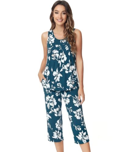 Image of NACHILA Pajamas for Women-Viscose Made from Bamboo, Sleeveless Pjs Tank Top Capri Pants Pajama Sets Cooling Sleepwear