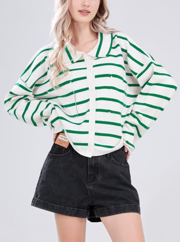 Image of chouyatou Women's Button Down Striped Cardigan Sweater Polo Collar Open Front Knit Jacket 2024 Fall Outfits