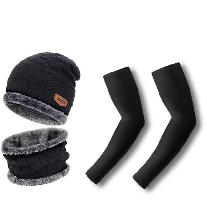 Buy for happiness Unisex Woolen Beanie/Winter Cap & Neck Warmer Muffler With Full Hand Arm Sleeves Gloves Combo Winters for Men & Women