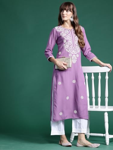 Image of INDO ERA Womens Straight Embroidered Chikankari Kurta