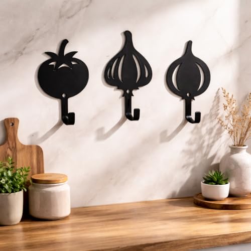 Image of Kitchen Wall Hooks Set of 3 | Heavy Duty Metal Wall Hooks | Matte Black Powder Coated | Decorative Key Holder & Towel Hanger for Kitchen & Home Decor