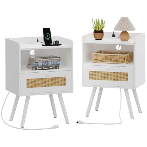 SUPERJARE Nightstands with Charging Station, Bedside Table Set of 2 with PE Rattan Drawers, Rattan Side Table with Storage & Solid Wood Feet, End Table for Bedroom, White