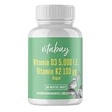Vitabay Vitamin D3 5000 I.E. + K2 100 mcg Depot | Premium: 99,99% All Trans | Hochdosiert & Bioverfügbar | 180 vegane Tabletten | Laborgeprüft & hergestellt aus hochwertigen Rohstoffen