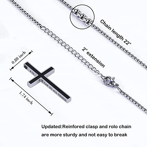 Black Cross Necklace For Men Christian Philippians 4:13 Cross Necklace For Boys, Mens Cross Chain Engraved I Can Do All Things Through Christ Necklace, Stainless Steel Cross Necklace For Men 22''+2'' Cross Pendant #TOP2
