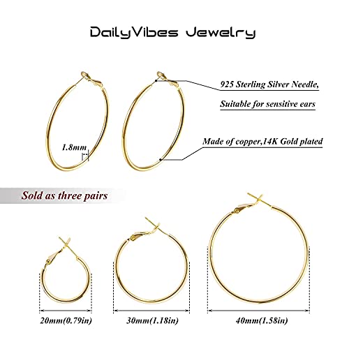 Big Gold Hoop Earrings For Women Hypoallergenic 925 Sterling Silver Post Thin Loop 14K Gold Plated Hoop Earrings Set For Girls, 3 Pairs (14K Gold 20Mm,30Mm,40Mm) #TOP1