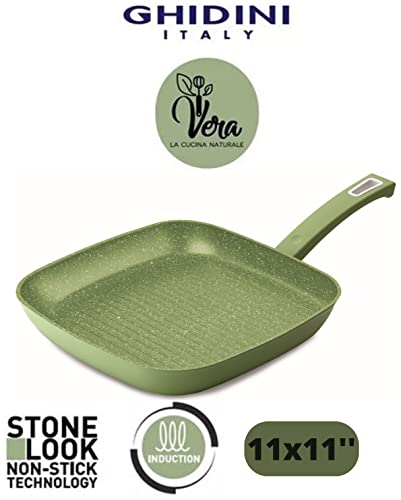 Italian 11" Nonstick Grill Pan For Stove Tops, Granite Coating Square Grill Skillet, Compatible With All Stovetops (Gas, Electric & Induction), Pfoa Free, Green, Made In Italy #TOP1