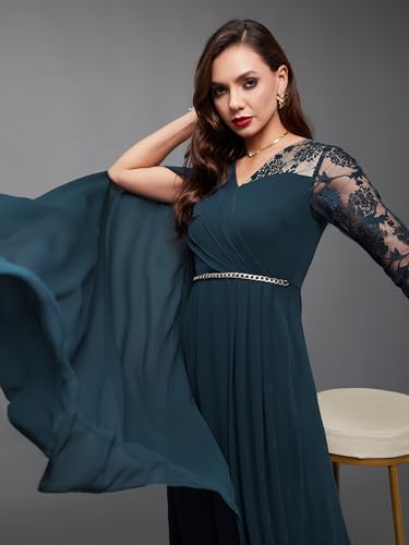Image of Miss Chase Women's V-Neck Full Sleeve Self Design Lace-Overlaid Georgette Maxi Dress