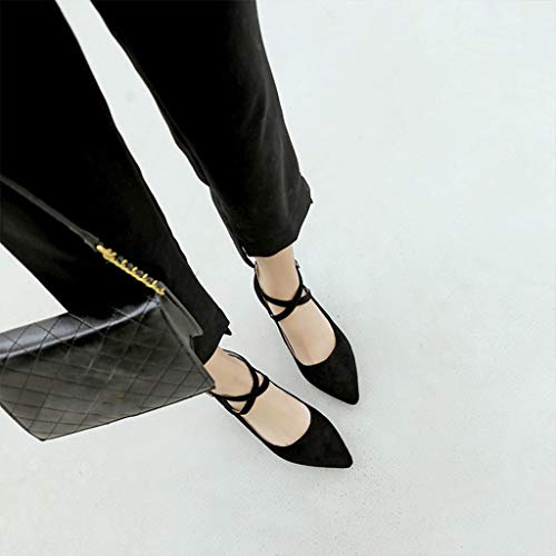 MIOKE Women's Pointed Toe Chunky Mid Block Heel Pumps Suede Comfy Cross Strap Mary Jane Elegant Dress Shoes4