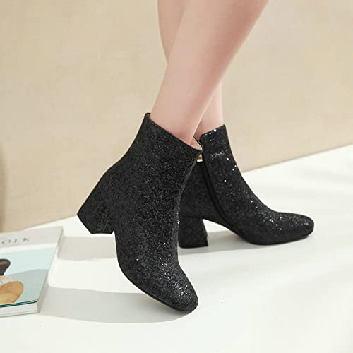 FIFSY Women Sparkly Ankle Boots Sequin Glitter Booties Chunky High Heels3
