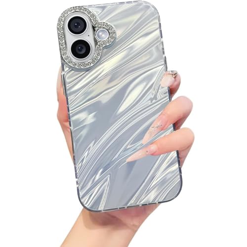 Image of Elzzi Compatible with iPhone 16 Case | Marble Glossy Hard PC Back Cover with Diamond Camera Protector | Ultra Stylish Shockproof Back Cover Case for Girls Women-Sky