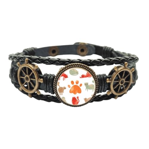 Bracelet en cuir tressé motif chat en métal aux finitions soignées