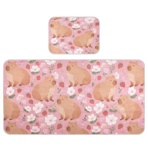 Bolaz Summer Sleeping Bed Pad, Strawberry Capybara Pattern Cooling Mattress Set Breathable Bed Mat Ice Silk Mat + Pillow Cover for Toddler Boys Girls