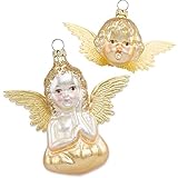 Thüringer Glasdesign Engel 5 und 10 cm (2 Stück) | Christbaumschmuck Weihnachtsbaum Anhänger, Gold / Weiß