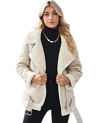 Ly Varey Lin Women's Faux Shearing Moto Jacket Thick Lined Parka Winter Shearling Coat Leather Jacket #TOP1