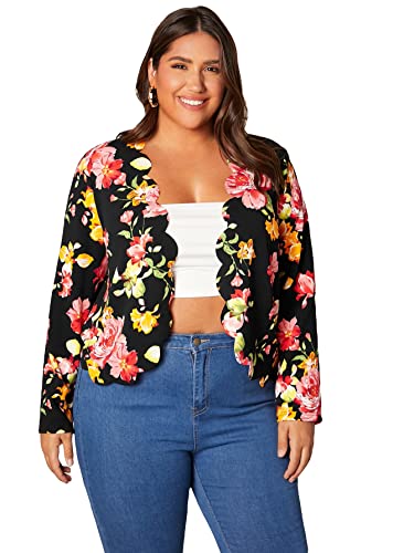 WDIRARA Women's Plus Size Floral Open Front Scallop Trim Long Sleeve Jacket Outerwear