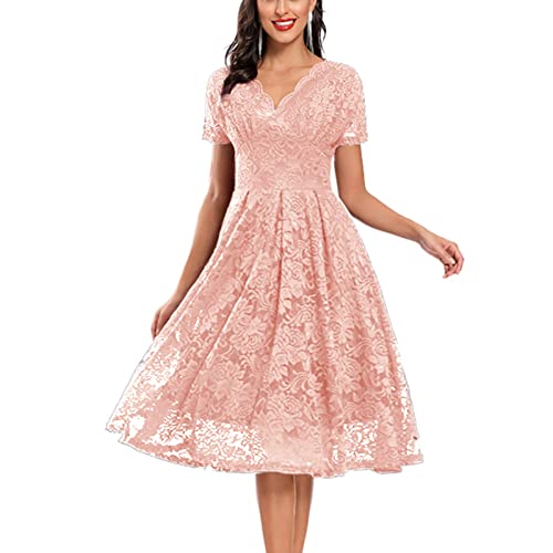 Foviguo Lace Dress For Women Wedding Guest Wave V-Neck Short Sleeve Empire Waist Elegant Cocktail Dresses, 01-Pink, Xx-Large #TOP3