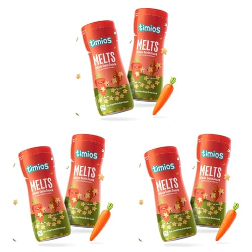 Image of Timios Melts Wholegrain Teething Puffs - Carrot & Cumin, Preservative‑Free, No Maida, Non-Fried, Iron & Fiber-Rich, Travel‑Friendly Snack, Healthy Snacks for Kids, 2x50 g (Pack of 3)