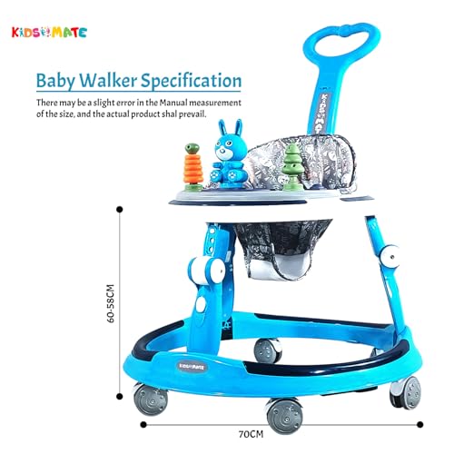 Image of Kidsmate 360 Baby Walker for Boys & Girls | 6-24 Months | 7-Level Height Adjustment | Musical RGB Lights | Dual Tray for Food & Toys | Safe, BPA-Free & Comfortable Baby Walker (Radiant Blue)