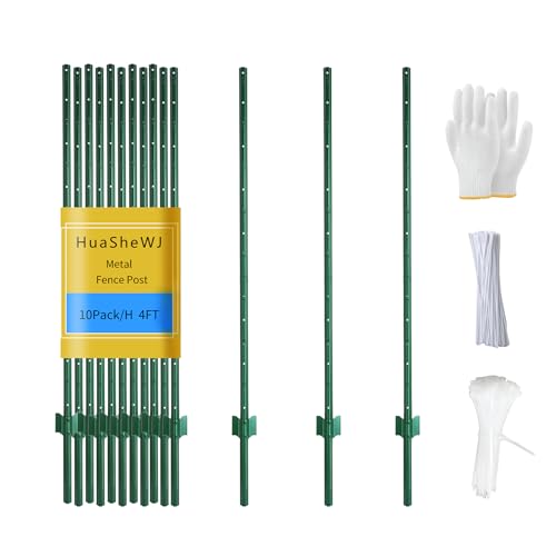 Metal Fence Post 4 Feet Green Pack of 10 T Post for Wire Fence No Dig Steel U Posts Fencing for Lawn Garden Wire Mesh Fences Poles Sign Outdoor
