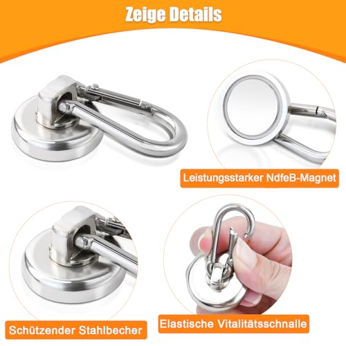 Magnethaken Extra Stark Neodym Magnete mit Haken, 42mm Neodym Magnethaken mit drehbarem Karabiner, Starke Karabiner Magnethaken, 360°Drehen Magnetkraft Starke Magnet Magnetische Haken, 4Stück