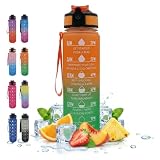 NelQuieOra Borraccia Motivazionale 1L, Bottiglia Acqua con Indicatore del Tempo, Beccuccio a Ribalta, A Prova di Perdite, Laccetto in Tessuto, Palestra Sport Viaggio Scuola (Arancio e Verde)