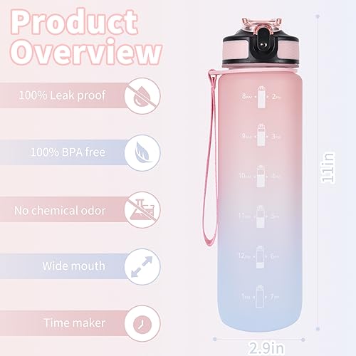 EYQ 1L Water Bottle, 1 Litre Water Bottle with Straw, 32oz Leak-Proof Motivational Sports Drinks Bottle with Time Marker - Image 2