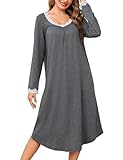 Litherday Nachthemd Damen Lang Baumwolle Langarm Nachtkleid Schlafshirt Spitze V-Ausschnitt...