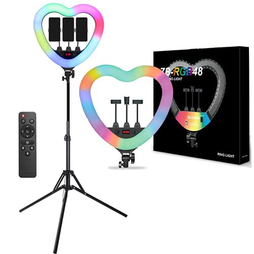 WWJ 19 inch led-ringlamp met afstandsbediening, RGB-hartvormige ringlamp met statief 180 ° verstelbare USB-poort…