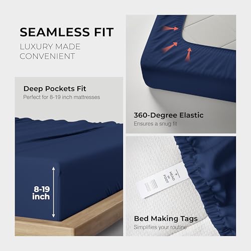 Image of THREAD SPREAD 100% Egyptian Cotton Queen Sheets Set - 1200 Series Plush Collection Luxury Egyptian Cotton Sheets Queen Size Deep Pocket (4 PC, Navy Blue), Soft, Cooling, Sateen Weave Sheet Set