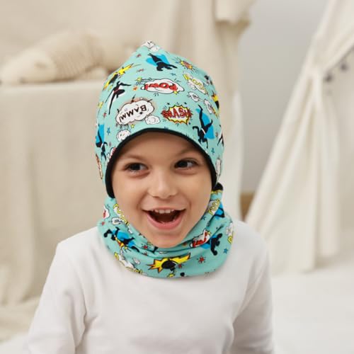 MAKFORT Kinder Beanie Mütze Schal Schlauchschal Set Baumwoll Loop Schal Junge Und Mädche Herbst Frühling