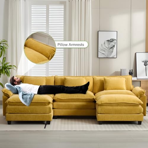 Image of Modern U Shaped Sectional Sofa, Plush Chenille Upholstery, Extra Deep Seats with Throw Pillows for Living Room Office Hotels (Yellow)