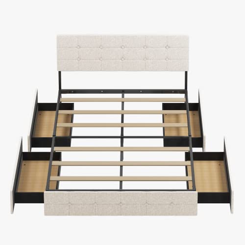 Zafly California King Upholstered Bed Frame With 4 Storage Drawers,Platform California King Size Bed Frame With Adjustable Headboard,Wooden Slats Support,No Mattress,No Box Spring Needed (Beige) #TOP6