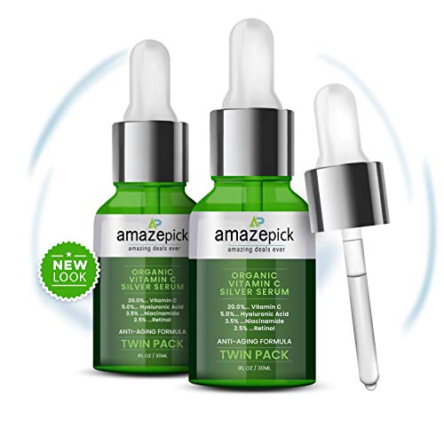 Twin Pack Organic Vitamin C Serum with Hyaluronic acid reduce Wrinkles,boost collagen,Anti-Aging,filling in fine lines & glow skin.Niacinamide delay skin aging,Retinol reverse sun damage of Amazepick