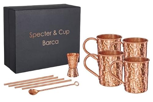 Specter Barca Lot de 4 gobelets en cuivre 500 ml avec accessoires, 100 % cuivre pur, verres à cocktail, set de bar